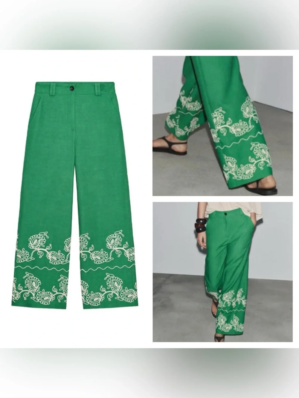 ZARA Green Embroidered Wide Leg Linen Blend Trousers Size XS NWOT